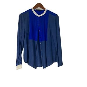 Arynk woman’s 2tone blue button down long sleeve 100 % silk Blouse size medium